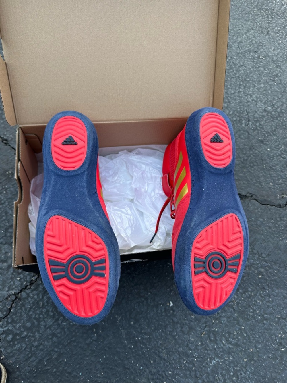 adidas Red High-Top Wrestling Shoes with Yellow Stripes - Picture 2 of 4